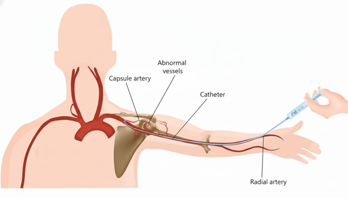 Advanced angioembolization treatment for frozen shoulder